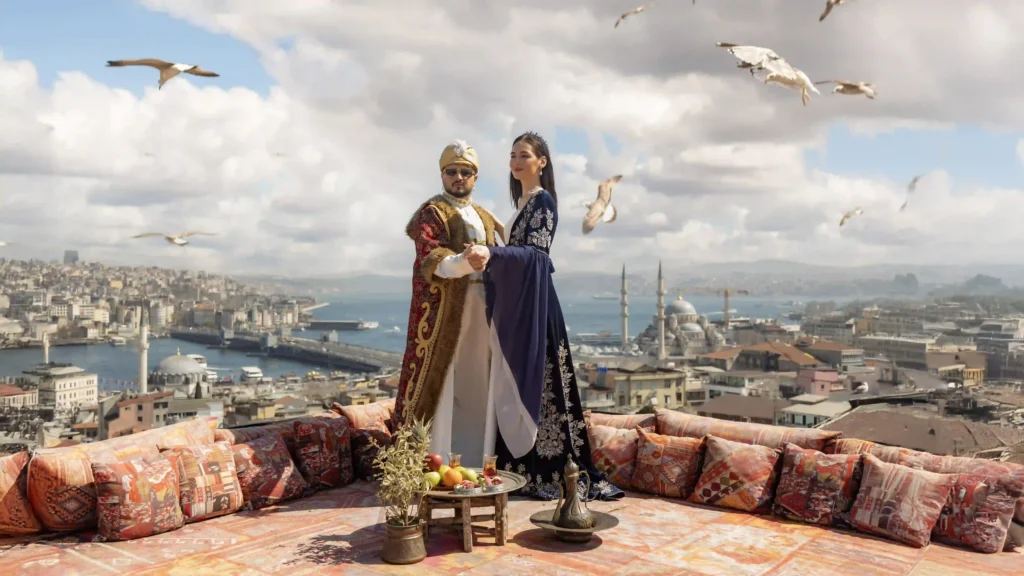 Ottoman costume rooftop photoshoot in Istanbul with panoramic skyline