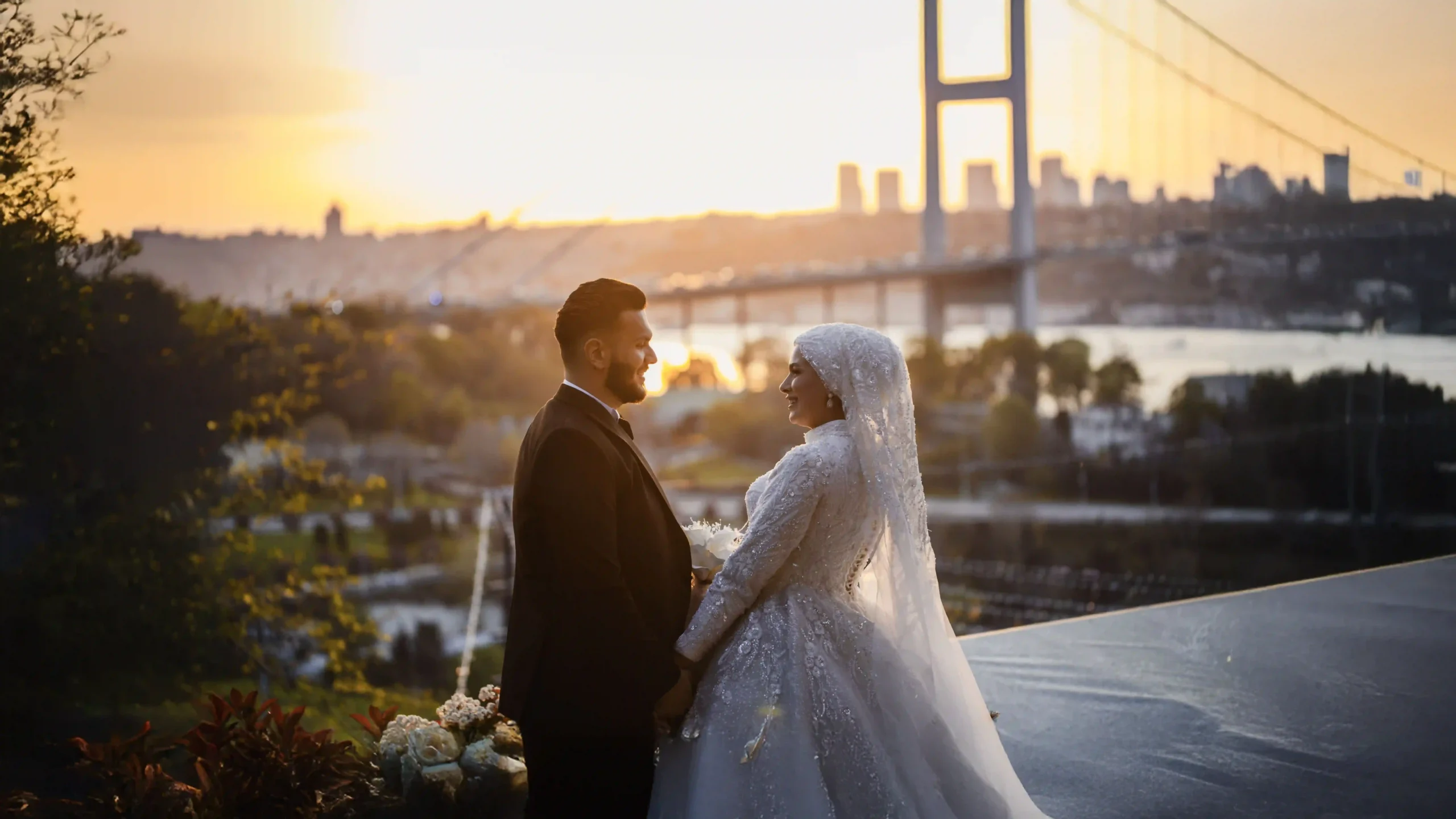 Wedding photoshoot in Istanbul at sunset with the Bosphorus Bridge in the background