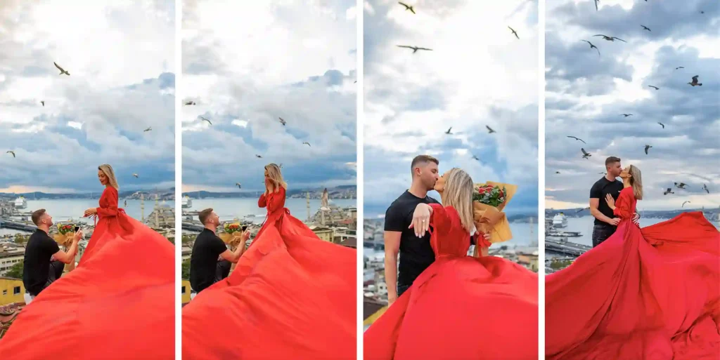 Surprise proposal at sunset on a private rooftop in Istanbul with panoramic skyline views and golden evening light.
